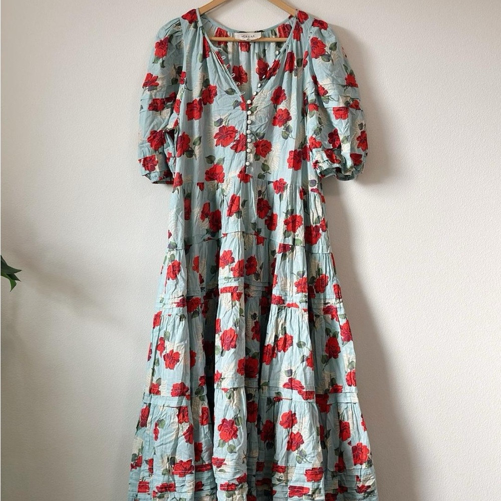 THE GREAT. Red and Blue Tiered Midi Sundress